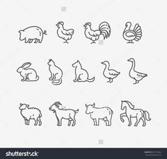 farm animals and birds line icons