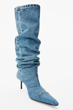 Denim Runway, Women Knee High Boots, Black Leather Combat Boots, Denim Boots, Pointed Toe Boots, Slouched Boots, Spike Heels, Motorcycle Girl, Womens Knee High Boots