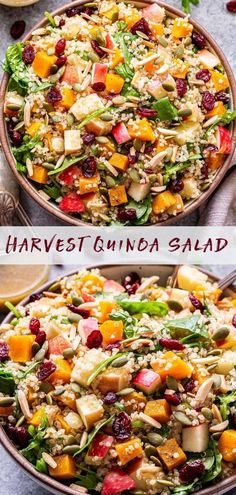 two pictures showing different types of salads with the words harvest quinoa salad