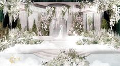 an artistic photo of a bride and groom standing in front of a stage with flowers on it