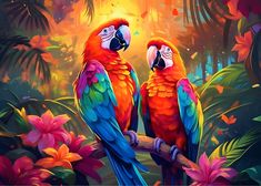 two colorful parrots are sitting on a branch in the jungle with flowers and leaves