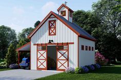 a large white barn with a red trim and windows on the side, has a blue truck parked in front of it