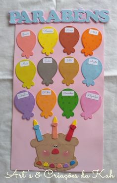 a birthday card with balloons and candles in the shape of speech bubbles on pink paper