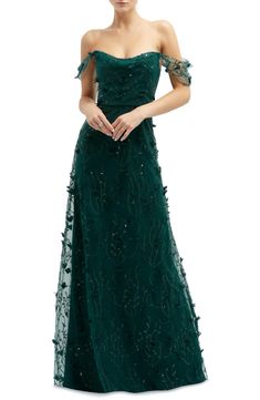 Dessy Collection 3D Embroidered Off the Shoulder Gown | Nordstrom Midi Gowns, Dessy Collection, Organza Gowns, Alfred Sung, Emerald Green Dresses, Mob Dresses, Satin Gown, Chiffon Gown, Chiffon Long Sleeve