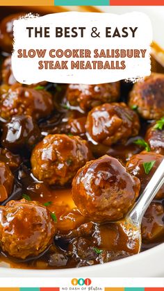 the best and easy slow cooker salisbury steak meatballs in a white bowl with a spoon