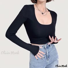 Olivia Mark - Professional Black Nylon Crop Top: Sexy High-Waisted, Low-Cut, Long Sleeve Shirt with Exposed Midriff Fitted Solid Color Club Top, Fitted Solid Color Top For Club, Fitted Trendy Crop Top, Solid Color Club Tops In Elastane, Fitted High Waist Top For Club, Fitted High Waist Crop Top With Built-in Bra, Black Fitted Crop Top With Built-in Bra, Fitted Black Crop Top With Built-in Bra, High Waist Stretch Black Crop Top