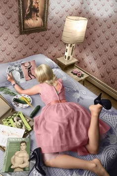 a woman laying on top of a bed in a pink dress next to a lamp