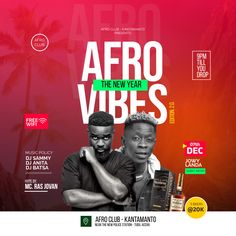 afro vibes flyer with two men in front of red and green background, text reads afro vibes the new year