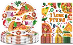 a plate with pizza on it next to a stack of plates and napkins that say i love pizza