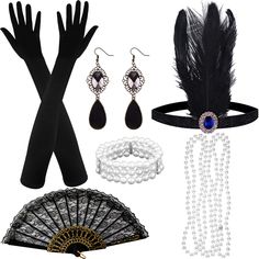 PRICES MAY VARY. ❤【1920S FLAPPER ACCESSORIES SET】This super-value pack including:1 pair 1920s long black gloves; 1 pair earrings; 1 pearl necklace; 1 lesbine folding fan; 1 flapper headband; 1 artificial pearl bracelet ❤【HEADPIECE & GLOVES】Vintage black feather headpieces are elastic to suit most people.Lightweight satin gloves which makes you elegant and attractive. ❤【PEARL NECKLACE & BRACELET】Timeless classic style, necklaces and bracelets are all made from artificial pearls. ❤【BEAUTIFUL PHOTO Retro Black Costume Accessories For Party, Retro Black Party Costume Accessories, Black Retro Party Costume Accessories, Black Flapper Accessories For Costume Party, Vintage Black Costume Accessories For Party, Black Flapper Costume Accessories For Costume Party, Black Gatsby Style Party Costume Accessories, Vintage Black Halloween Costume Accessories, Peaky Blinders Fancy Dress