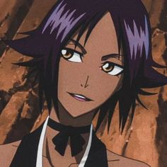 an anime character with purple hair and blue eyes