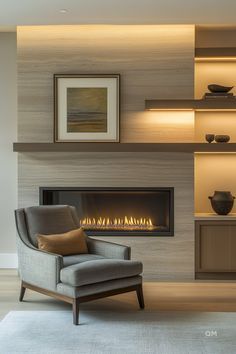 a modern living room with a fireplace and built - in shelving