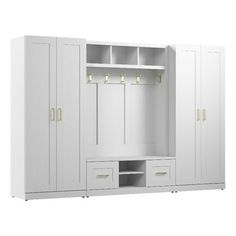 a white closet with two doors and three drawers