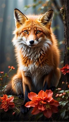 a red fox sitting in the middle of a forest surrounded by flowers and trees, looking at the camera