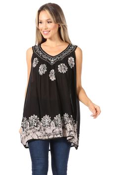 Gauzy Rayon blouse features delicate embroidery, batik hem, relaxed fit and beautiful colors. Tunics With Leggings, Rayon Blouse, Delicate Embroidery, Black Hot Pink, Fashion Inspiration Design, Comfortable Fashion, Sleeveless Blouse, Black Blouse, Quality Clothing