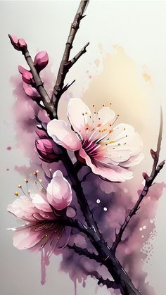 a painting of pink flowers on a tree branch with watercolor splashes in the background