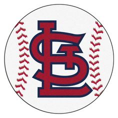 the st louis baseball logo is shown in red and blue on a white circular background