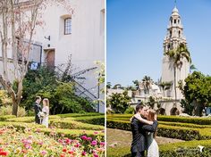 a bride and groom standing in front of a garden