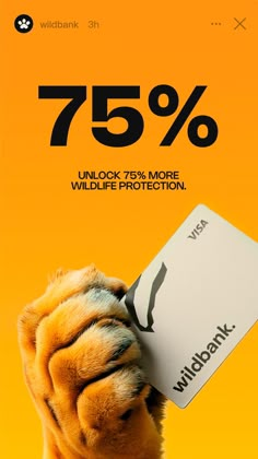 an animal holding up a credit card with 75 % off