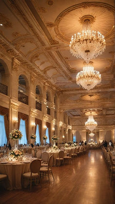 an elegant ballroom with chandeliers and tables