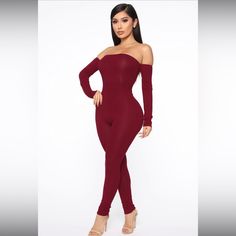 Burgundy Soothe Off Shoulder Jumpsuit Trendy Red Long Sleeve Jumpsuits And Rompers, Red Stretch Jumpsuits And Rompers For Fall, Red Non-stretch Jumpsuits And Rompers, Trendy Red Stretch Jumpsuits And Rompers, Red Stretch Jumpsuits And Rompers For Loungewear, Red Stretch Jumpsuit For Date Night, Red Long Sleeve Jumpsuits And Rompers For Date Night, Fitted Burgundy Jumpsuits And Rompers, Trendy Fitted Red Jumpsuits And Rompers