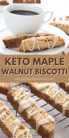 keto maple walnut biscotti on a cooling rack with coffee in the background