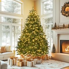 a living room with a christmas tree and presents