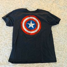 Captain America T Shirt. Never Worn Patriotic Black Short Sleeve T-shirt, Black Patriotic Short Sleeve T-shirt, Captain America Tshirt, Superhero Graphic T-shirt With Short Sleeves, Superhero Short Sleeve T-shirt With Character Print, Harley Davidson Tee, Star Wars Tshirt, Blue Crew, Football Tees