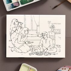 a drawing of two people sitting at a table with paint and watercolors next to them