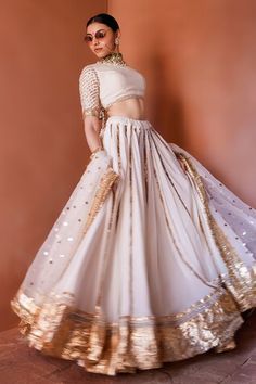 Ivory lehenga with gota work detailing. Comes with padded gota embellished blouse and butti pattern kiran lined dupatta. - Aza Fashions Ivory Lehenga, Gota Work, Embellished Blouse, Fashion App, Set Women, Designer Wear, Set For Women, Aza Fashion, Lehenga