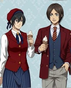 two anime characters are standing next to each other and one is holding an ice cream cone