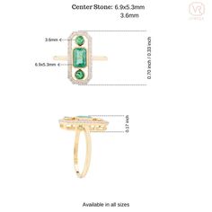 This modern antique ring features a captivating three-stone emerald axis design, elegantly set in 18k yellow gold. The vibrant emeralds are flanked by sparkling diamonds, creating a striking contrast. The intricate detailing and timeless appeal of the gold setting make this ring a perfect blend of contemporary style and vintage charm. Emerald enhances intellectual capacity of the person.  Designed with three stone emerald set with diamonds that makes it a perfect fit to wear it on your wedding o Three-stone Emerald Birthstone Ring In Fine Jewelry Style, Elegant Multi-stone Emerald Ring In Gold, Elegant Yellow Gold Multi-stone Emerald Ring, 14k Gold Three-stone Emerald Ring As Gift, Elegant Multi-stone Emerald Ring In 14k Gold, Mother Daughter Gifts, Modern And Antique, Modern Ring, Emerald Engagement Ring