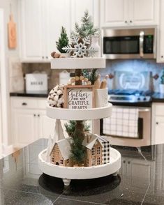 three tiered christmas tree in the kitchen