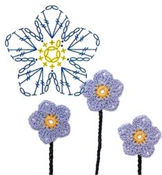 three crocheted flowers with yellow center and blue stems in front of a white background