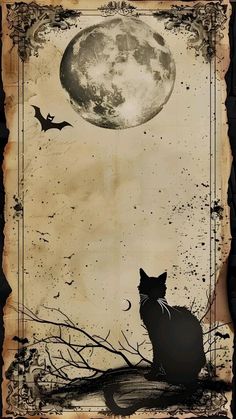 a black cat sitting on top of a tree next to a full moon and bats