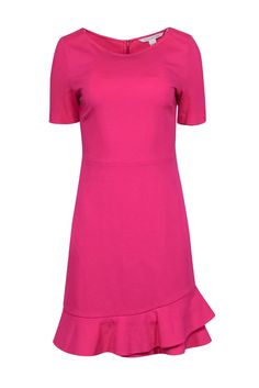 Current Boutique-Diane von Furstenberg - Hot Pink Sheath Dress Sz 4 Short Sleeve Dress With Ruffle Hem And Fitted Bodice, Fitted Bodice Dress With Ruffle Hem And Short Sleeves, Fitted A-line Crepe Midi Dress, Formal Fit And Flare Elastane Dress, Fit And Flare Elastane Formal Dress, A-line Dress With Ruffle Hem For Work, Fitted Knee-length Dress With Flattering Cut, Fitted A-line Mini Dress With Ruffle Hem, Fitted Knee-length Dress With Ruffle Hem