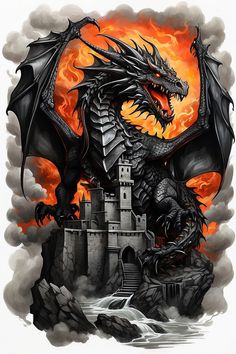 a black and white drawing of a dragon sitting on top of a castle with flames in the background