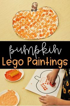 pumpkin lego painting activity for kids to do with the letter i and number one on paper plates