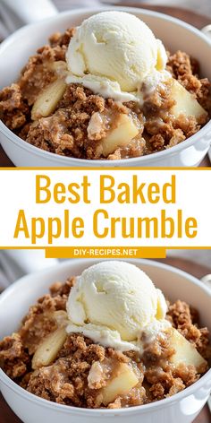 the best baked apple crumble recipe is in two bowls with ice cream on top