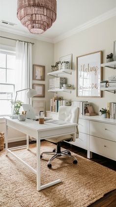 a home office with white desk and shelves