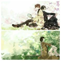 two anime characters sitting on the ground in front of trees, one with his legs crossed