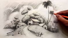 a drawing of a house on a hill with trees in the background and a person's hand holding a pencil