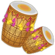 two large drums with pink and yellow designs on the top one is brown, while the other is white