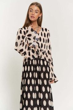 Polka Dot Ruffled Long Sleeve Pleated Maxi Dress in Taupe Black | eBay Lomg Sleeve Polka Dot Midi Dress, Dot Print Dress Stylists, Rachel Friends, Pleated Neck, Polka Dot Maxi Dresses, Romper And Jacket, Ruffle Long Sleeve, Pleated Maxi Dress, Pleated Maxi