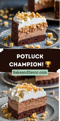 two pictures with the words potluck champion on them and an image of a piece of cake