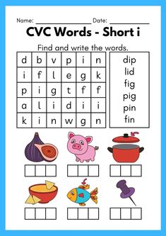 cvc words short i worksheet with pictures