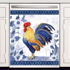 a rooster painted on the side of a white cabinet with blue flowers and daisies