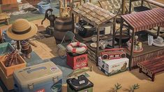 there are many different items on the floor in this painting, including suitcases and other things