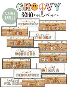 the groovy boho collection includes labels and other items to help students learn how to