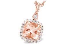 14 karat rose gold 1.09ct Morganite and diamond  halo pendant Luxury Faceted Rose Gold Necklaces, Pink Cushion, Morganite Pendant, Halo Necklace, Rose Gold Morganite, Diamond Halo, Sparkle Diamonds, Quality Diamonds, Morganite